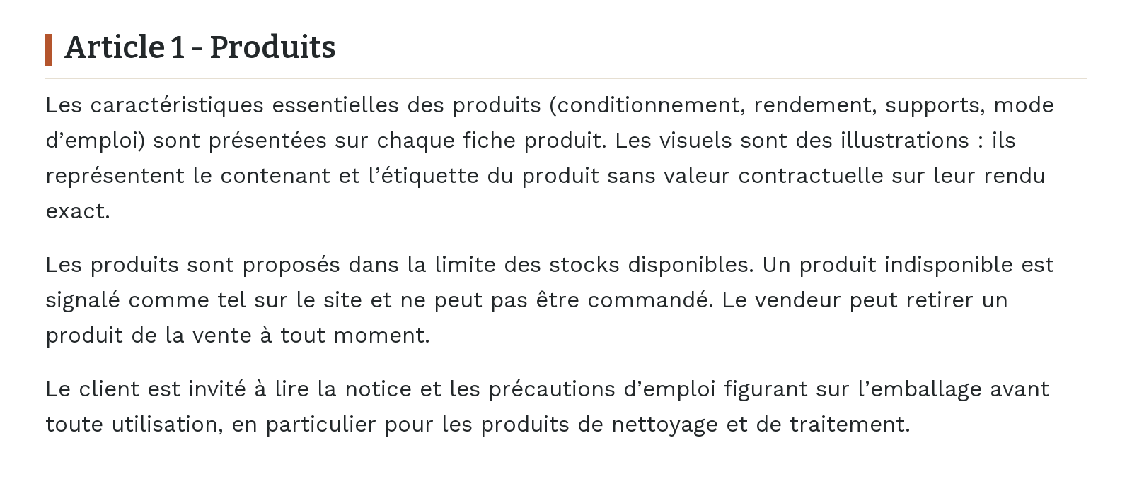 Conditions générales de vente - Article 1 - Produits