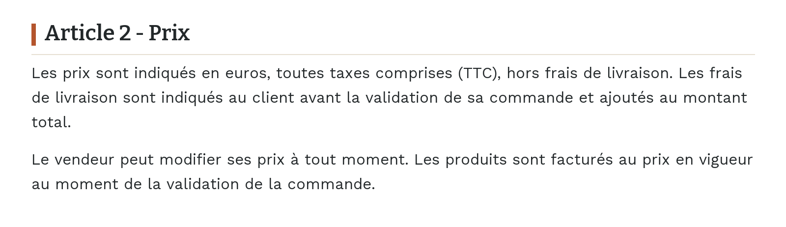 Conditions générales de vente - Article 2 - Prix