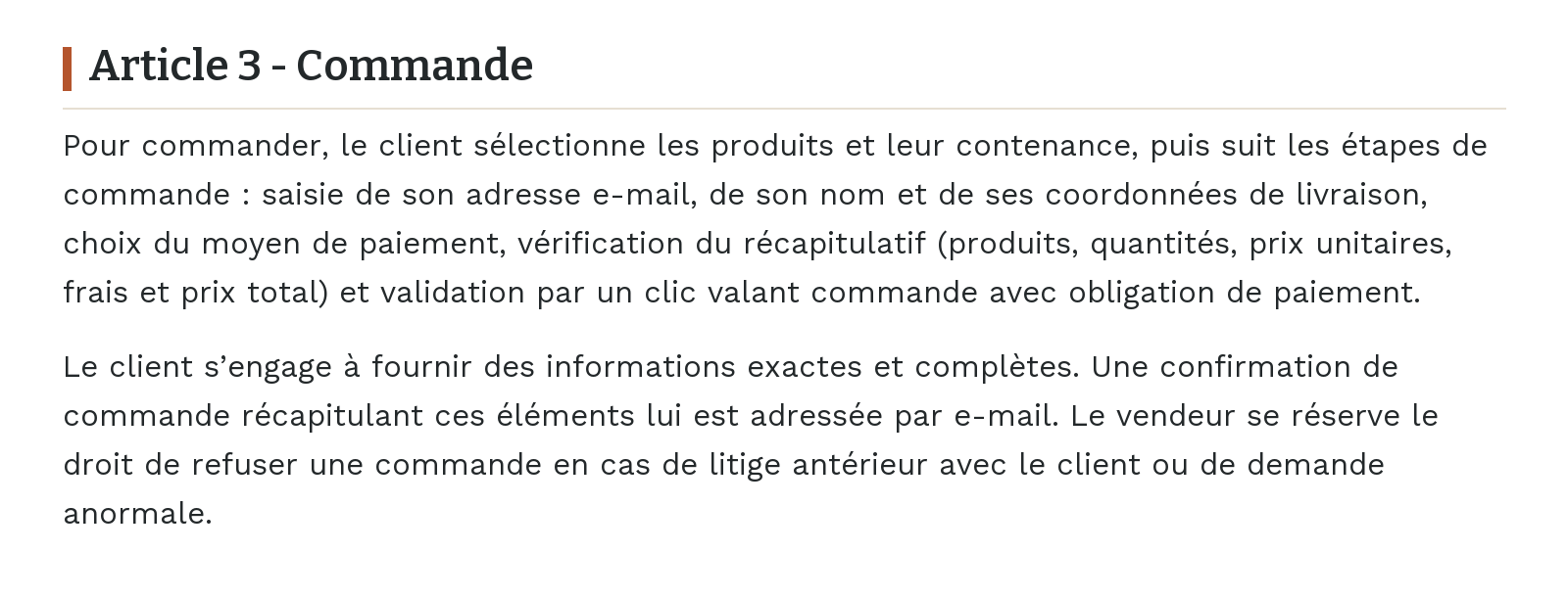 Conditions générales de vente - Article 3 - Commande