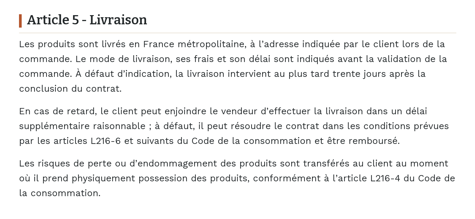 Conditions générales de vente - Article 5 - Livraison