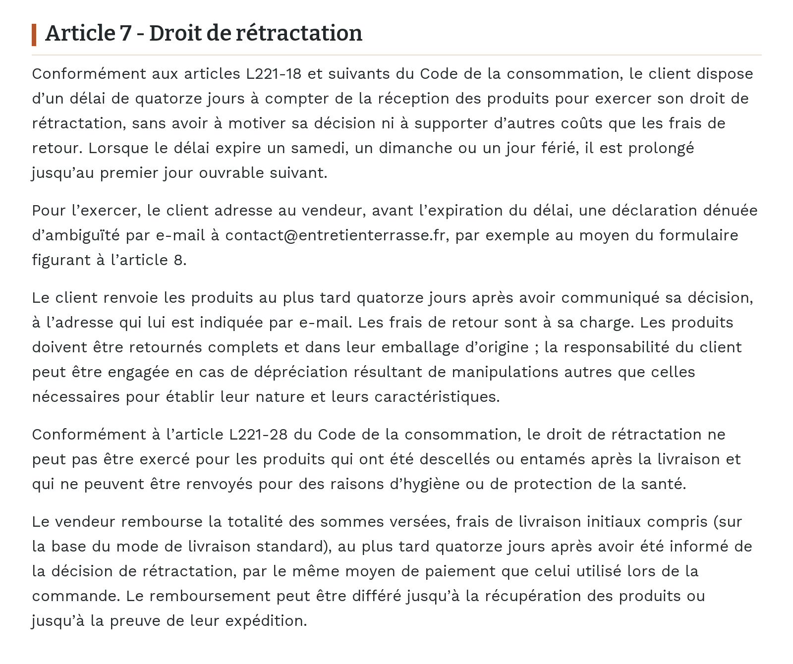 Conditions générales de vente - Article 7 - Droit de rétractation