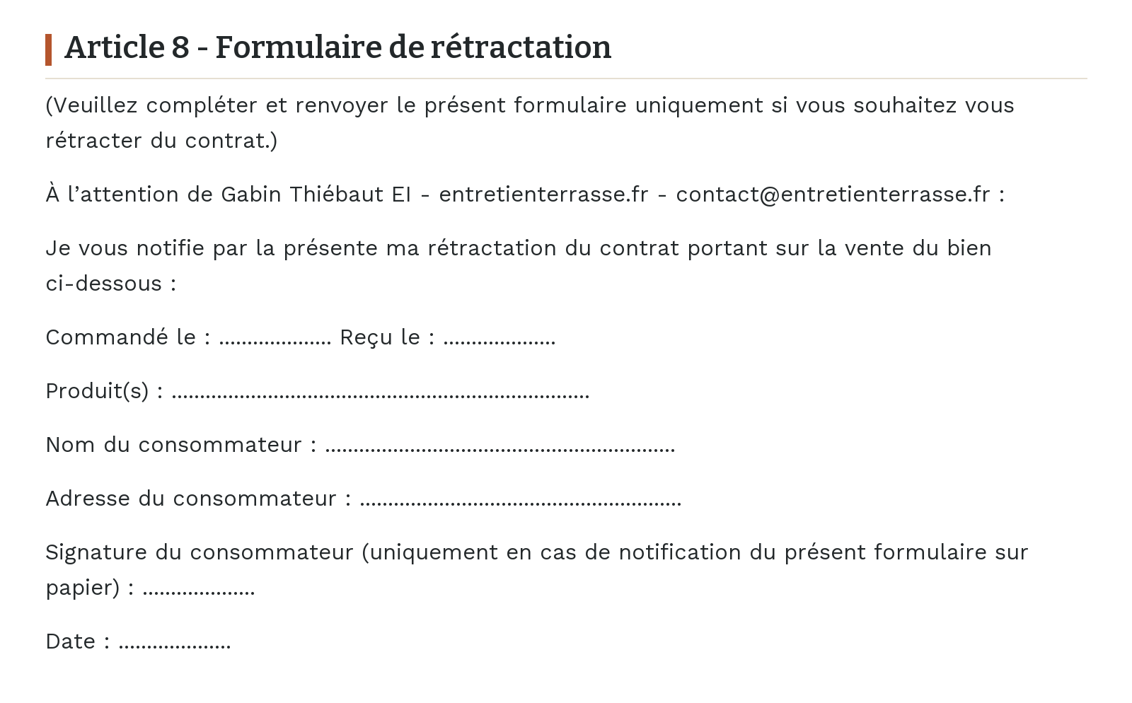 Conditions générales de vente - Article 8 - Formulaire de rétractation