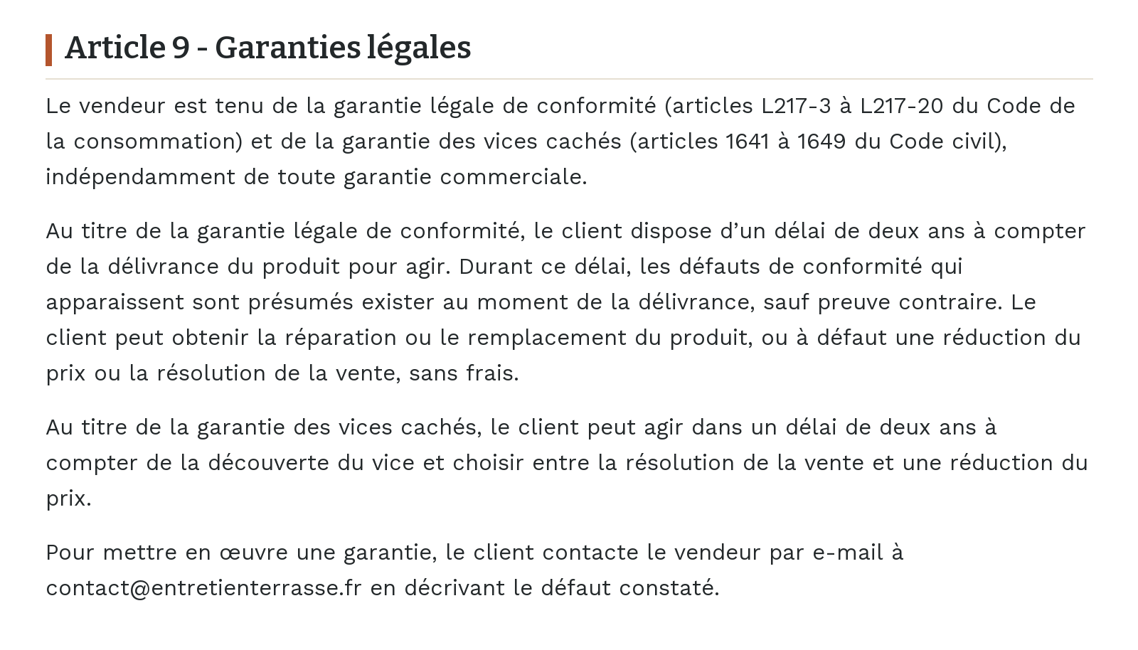Conditions générales de vente - Article 9 - Garanties légales