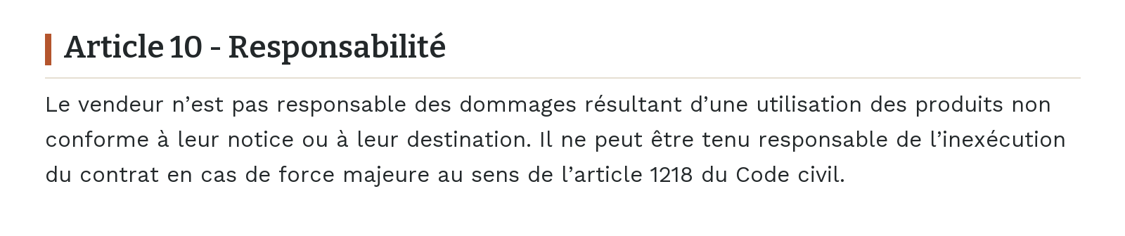 Conditions générales de vente - Article 10 - Responsabilité