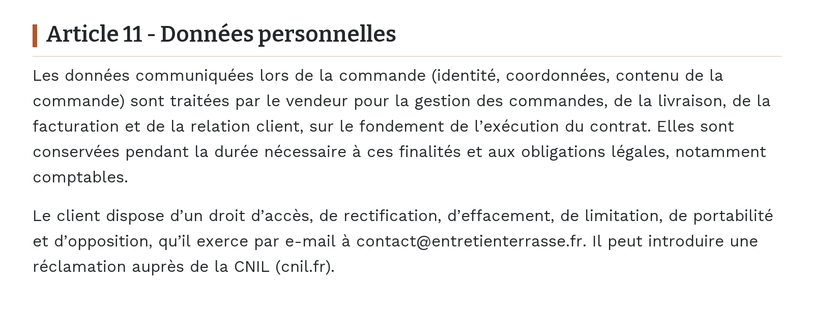 Conditions générales de vente - Article 11 - Données personnelles